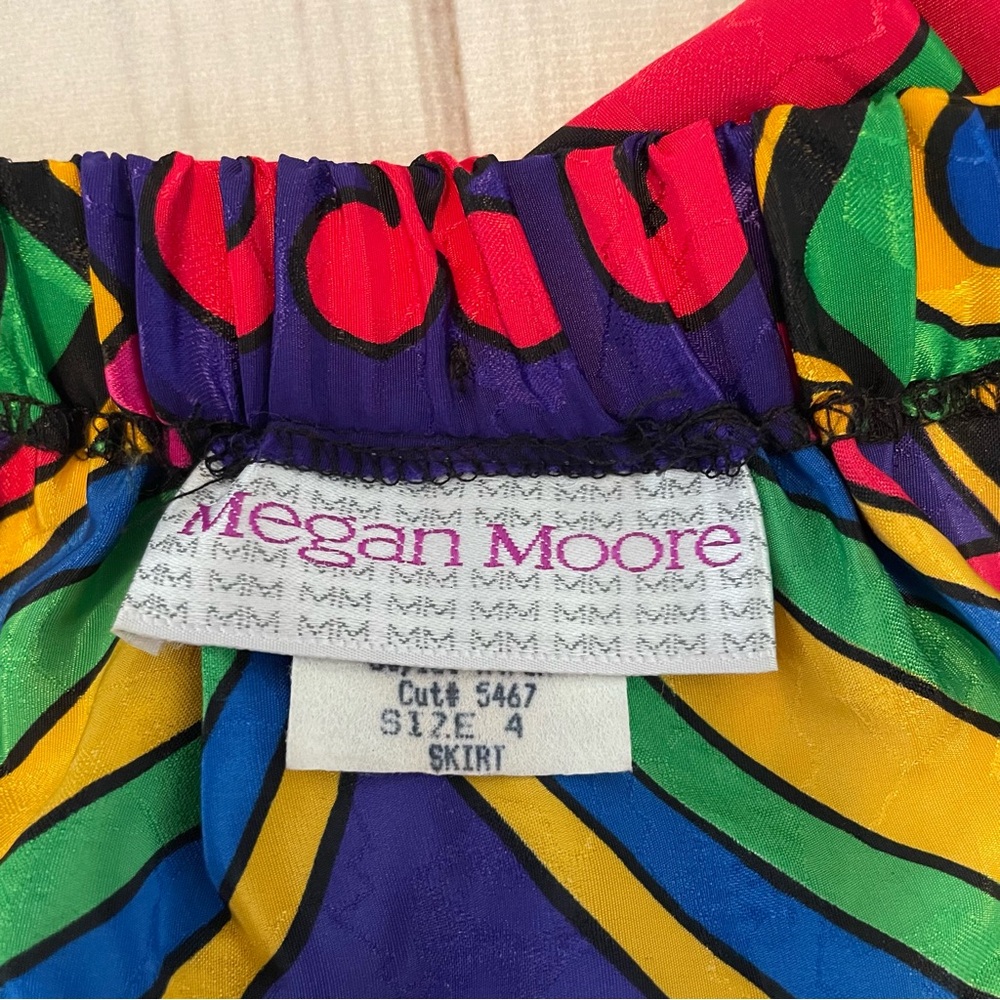 Vintage Megan Moore Pleated Pull on Skirt Womens 4 Colorful Silky Geometric Midi - Picture 9 of 13